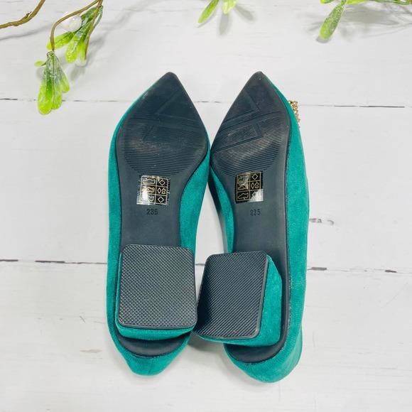 NEW C Paravano Hunter Green Block Heel Pointed Toe Flats with Embellished Buckle - Picture 10 of 12